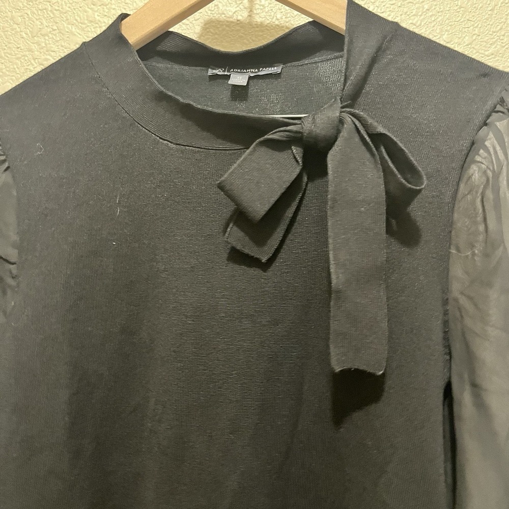 Adrianna Papell Tie Neck Puff Sheer Long Sleeve Women XS Black Preppy Whimsigoth - Picture 2 of 8